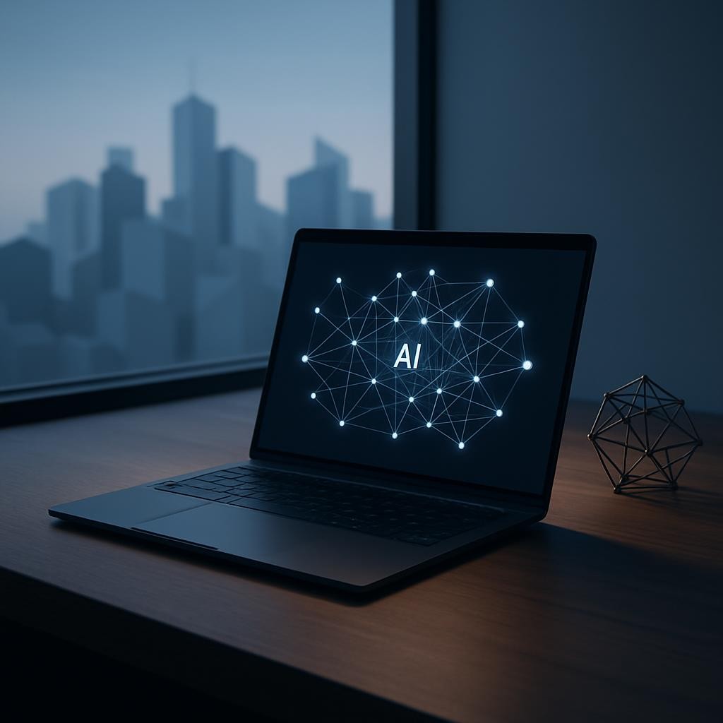 A minimalist, high-end workspace where a thin, matte-black laptop displays a complex, animated network of AI-generated concepts as interconnected nodes and delicate glowing lines. The desk is a smooth, dark walnut slab with subtle grain, perfectly uncluttered except for a small, geometric metal sculpture reminiscent of a neural network. Beyond, an enormous floor-to-ceiling window overlooks a stylized, low-poly cityscape of muted blues and grays. Late-evening light filters in, mixing with the cool glow from the laptop screen, creating a balanced interplay of warm and cool tones. The mood is focused and contemplative, with precise side lighting casting long, refined shadows. Shot at a three-quarter angle with medium depth of field, the digital-art rendering feels polished, modern, and intellectually sophisticated, symbolizing the practice of crafting AI-driven ideas in a calm, thoughtful environment.