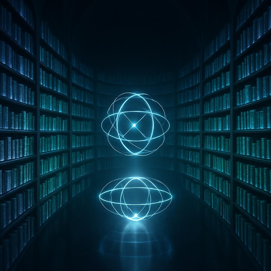 An expansive, futuristic library of knowledge rendered as a vast circular data cathedral, where towering shelves of semi-transparent holographic books arc upward into darkness. Each book glows softly in gradients of indigo, silver, and deep emerald, their spines etched with delicate algorithmic patterns. In the center, a large, floating geometric orb made of intersecting light-rings serves as the “AI core,” pulsing with quiet luminescence. The floor is a polished obsidian plane reflecting subtle glows. Soft, ambient lighting radiates from the orb, creating a serene, contemplative atmosphere. The image is framed from a slightly elevated angle, with strong depth leading the eye toward the distant vanishing point. The digital-art style is sophisticated and cinematic, emphasizing intellectual exploration and infinite AI-generated ideas.